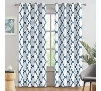 Melodieux Moroccan Printed Blackout Curtains Living Room Darkening Grommet Top Curtains for Bedroom 52x84 Inch Off White/Royal Blue (2 Panels)
