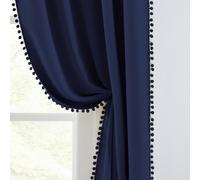 Melodieux Navy Blue Pom Pom Blackout Curtains 72 Inches Long, Bedroom Living Room Black Out Boho Cotton Curtains, Elegant Cute Kids Nursery Drapes Thermal Insulated 2 Panels Rod Pocket, 52" W x 72" L