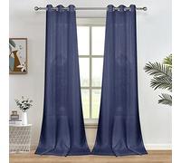 Melodieux Navy Semi Sheer Curtains 96 Inches Long for Small Windows Living Room Bedroom Linen Look Rustic Grommet Voile Drapes, 42 x 96 Inch (2 Panels)