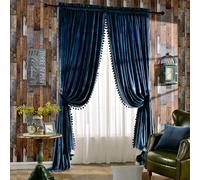 Melodieux Pom Poms Velvet Blackout Curtains for Living Room Bedroom, Vintage Luxury Energy Saving Rod Pocket Thermal Insulated Lined Drapes, 52" W x 96" L, Royal Blue (2 Panels)