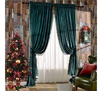 Melodieux Pom Poms Velvet Blackout Curtains for Living Room Bedroom, Vintage Luxury Energy Saving Rod Pocket Thermal Insulated Lined Drapes, 52" W x 96" L, Antique Green (2 Panels)