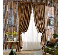 Melodieux Pom Poms Velvet Curtains Extra Wide for Patio Doors, Vintage Luxury Bedroom Living Room Thermal Insulated Rod Pocket Window Drapes, 100" W x 84" L, Golden Brown (2 Panels)