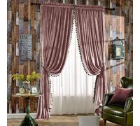 Melodieux Pom Poms Velvet Curtains Extra Wide for Patio Doors, Vintage Luxury Bedroom Living Room Thermal Insulated Rod Pocket Window Drapes, 100" W x 84" L, Dusty Rose (2 Panels)