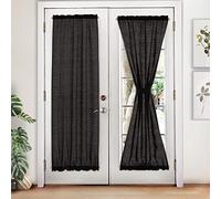 Melodieux Semi Sheer French Door Curtains 72 Inches Long, Linen Look Rod Pocket Privacy Drapes for Patio Sliding Glass Door Window, Black, 52 by 72 Inch, 2 Panels