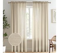 Melodieux Tan Semi Sheer Curtains 96 Inches Long for Living Room, Bedroom Faux Linen Texture Farmhouse Rod Pocket Shiny Sheer Curtains Drapes Light Filtering, 52" W x 96" L, 2 Panels