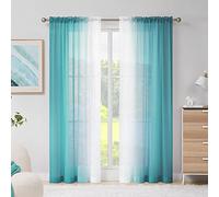 Melodieux Teal Ombre Sheer Curtains 63 Inch Length for Living Room, Bedroom Chiffon Teal White Gradient Rod Pocket Voile Drapes, 52 by 63 Inch, 2 Panels