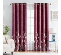 Melodieux Wheat Embroidery Linen Textured Curtains for Living Room Bedroom, Farmhouse Patterned Room Darkening Floral Window Drapes Grommet, White Wheat/Burgundy, 52" W x 63" L, 2 Panels