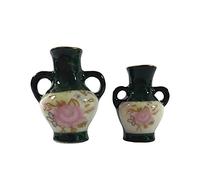 Melody Jane Dolls House 2 Dark Green Floral Painted Vases Miniature Ornament Accessory 1:12 Scale