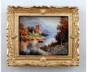 Melody Jane Dolls House Miniature Scenic Scottish Loch Painting Gold Frame