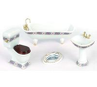 Melody Jane Dolls House White Bathroom Suite with Gold Pink Edging Porcelain Furniture Set