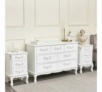 Melody Maison Antique White 7 Drawer Chest Of Drawer & Pair Of 3 Drawer Bedside Tables - Pays Blanc Range