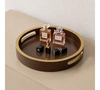 Melody Maison Large Round Chocolate Brown & Gold Wooden Decorative Tray - 30Cm