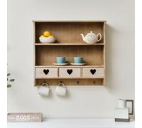 Melody Maison Large Rustic Wooden Wall Shelving Unit With Heart Drawers & Storage Hooks