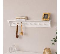 Melody Maison Large White Washed Mango Wooden Wall Shelf With Hooks - 100Cm
