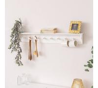 Melody Maison Large White Washed Mango Wooden Wall Shelf With Hooks - 100cm Melody Maison White