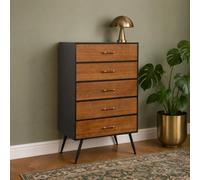 Melody Maison Mid-Century Modern Wooden & Black 5 Drawer Tallboy Chest Of Drawers - Ludlow Range