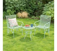 Melody Maison Ornate Metal Sage Green Round Garden Table & Set Of 2 Ornate Garden Chairs