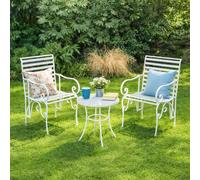 Melody Maison Ornate Metal White Round Garden Table & Set Of 2 Ornate Garden Chairs Melody Maison White