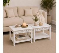 Melody Maison Pair Of Bohemian White Distressed Mango Wood Side / Coffee Tables - Freya White Range