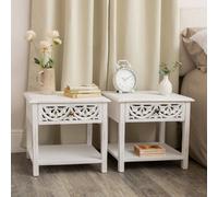 Melody Maison Pair Of Distressed White Mango Wood Bohemian Bedside Tables - Freya White Range