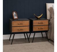Melody Maison Pair Of Mid-Century Modern Wood & Black 2 Drawer Bedside Tables - Ludlow Range
