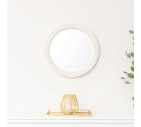 Melody Maison Round Distressed White Washed Wooden Bobbin Detailed Wall Mirror - 50cm x 50cm