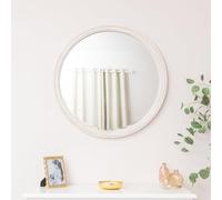 Melody Maison Round Distressed White Washed Wooden Bobbin Detailed Wall Mirror - 80cm x 80cm
