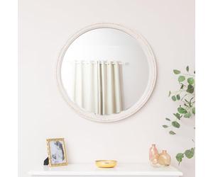 Melody Maison Round Distressed White Washed Wooden Bobbin Detailed Wall Mirror - 80cm x 80cm