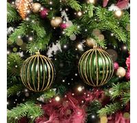Melody Maison Set Of 2 Green Glitter Striped Reeded Hanging Baubles - 8Cm