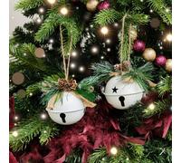 Melody Maison Set Of 2 White Bell Hanging Decoration With Foliage 8Cm