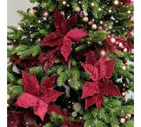 Melody Maison Set Of 3 Burgundy Velvet Poinsettia Floral Tree Decorative Picks - 22Cm