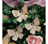 Melody Maison Set Of 3 Champagne Gold Glitter Jewelled Butterfly Christmas Decorations - 10cm Melody Maison Gold