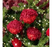 Melody Maison Set Of 3 Large Round Red Seaquin & Feathered Top Baubles