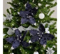 Melody Maison Set Of 3 Navy Blue Poinsettias Clip Christmas Decorations - 25Cm