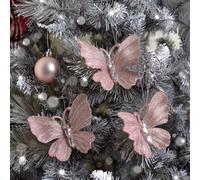 Melody Maison Set Of 3 Pink Glitter Jewelled Butterfly Christmas Decorations - 10Cm