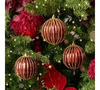 Melody Maison Set Of 3 Red Glitter Striped Reeded Hanging Christmas Baubles - 8Cm