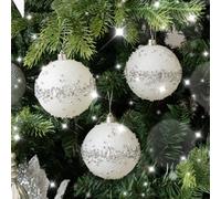 Melody Maison Set Of 3 White Glitter Silver Jewel Baubles - 9Cm