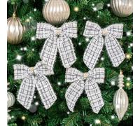 Melody Maison Set Of 4 Black & White Tartan Boucle Jewelled Christmas Bow Decorations