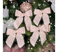 Melody Maison Set Of 4 Pink Tartan Boucle Jewelled Christmas Bow Decorations