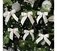Melody Maison Set Of 6 White Tartan Boucle Jewelled Christmas Bow Decorations