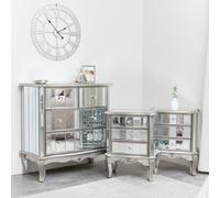 Melody Maison Silver Mirrored Chest Of Drawers & Pair Of 3 Drawer Bedside Tables - Tiffany Range