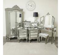 Melody Maison Silver Mirrored Double Wardrobe, Chest Of Drawers, Dressing Table Set & 3 Drawer Bedside Tables - Tiffany Range