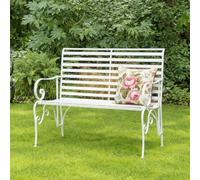Melody Maison White Metal Ornate Distressed Garden Bench With Slats - 100Cm X 92Cm