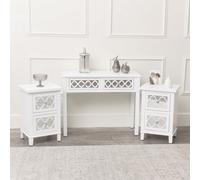 Melody Maison White Mirrored Lattice Console Table / Dressing Table & Pair Of White Mirrored Bedside Tables - Sabrina White Range