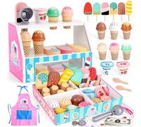 Melofaver Ice Cream Toy, Wooden Kids Ice Cream Play Set Toy Kitchen Age 3-5 | Pretend Play Food Set Ice Cream Set with Aprons, Fake Money, Scoop, Menu, Ice Cream Toys Gifts for 3 4 5 Year Old Girls Boys