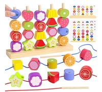 Melofaver Montessori Toys for 3 4 5 Year Old, Wooden Fruit Toddler Stacking Toys, Stacking Blocks & Lacing Beads & Shape Sorter Toy for Toddler, STEM Preschool Learning Toys for Kids Boys Girls