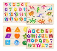 Melofaver Montessori Wooden Toddler Peg Puzzles, Kids Puzzles Gift for Kids | 4PCS Kids Learning Puzzles with Knob -Alphabet, Shape, Number, Dinosaur, Educational Toys for 3 4 5 Year Old Boys Girls Gifts