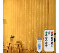 Melofo Curtain Lights Indoor, 300 LED 3m*3m Fairy Lights USB Powered Waterfall Lights, Waterproof String Light with 8 Modes/Timer/Remote, Bedroom/Wall/House/Garden Decorations (Warm White)