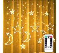 Melofo Led Curtain String Star Moon Light, 3.5m Star Curtain Lights Battery Operated, LED Window Lights with 8 Flashing Modes for Christmas, Halloween, Wedding, Party, Home, Terrace(Warm White)