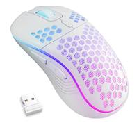 MELOGAGA Wireless Gaming Mouse Honeycomb 2.4G USB Cordless Mouse RGB Rechargeable PC Game Mice with 7-Color LED Lights，3 Adjustable DPI for Windows Laptop Desktop Computers -White